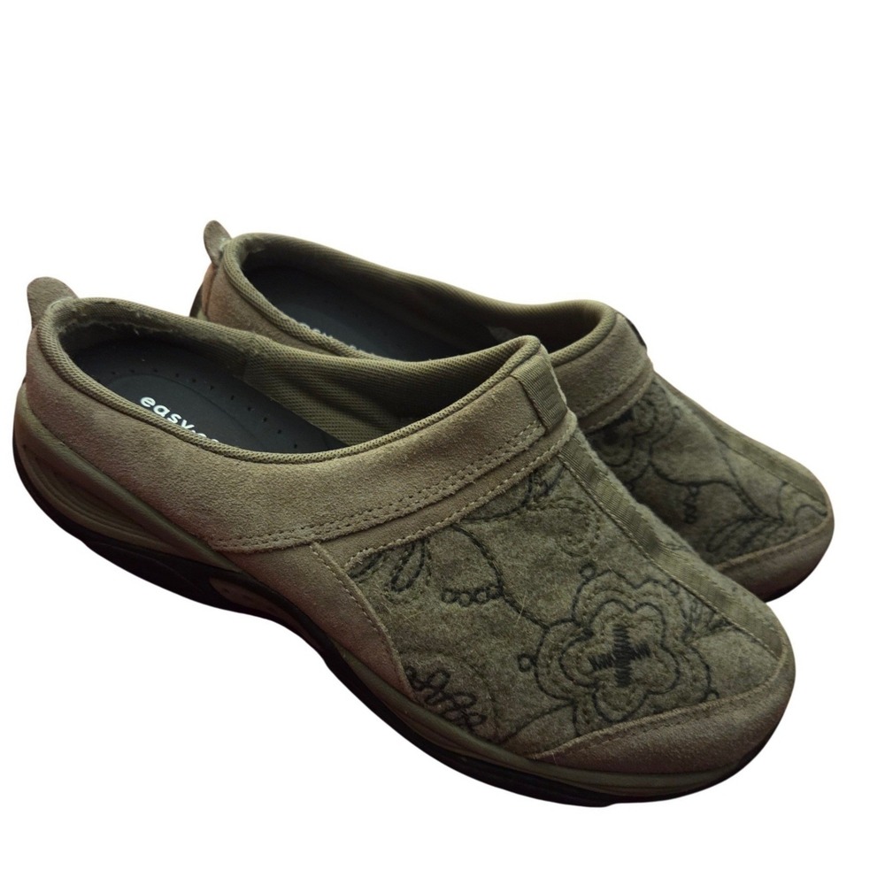 Easy Spirit Antigravity ESEZGO Women 8 W Olive Green Floral Suede Clogs Mules